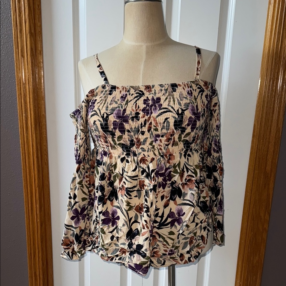 Torrid Floral Smocked Blouse in Cream and Purple-Boho-Festival-Flowy